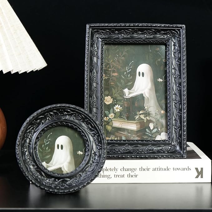 Cuspin Gothic Picture Frame Set of 2, Vintage Ornate Black Resin Frames (4x6 Rectangle & 3x3 Round), Baroque Decorative Photo Frames with Plexiglass Front, Tabletop Easel & Wall Mount