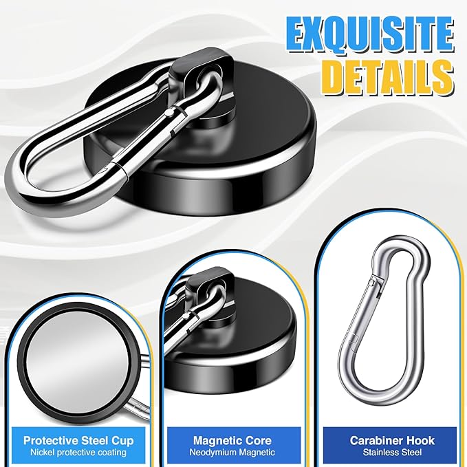 VSKIZ Magnetic Hooks Heavy Duty 150Lbs, 4 Pack Super Strong Magnetic Hooks with Swivel Carabiner for Cruise, Black Neodymium Magnet Hooks Magnetic Wall Hanger for Hanging, Toolbox, Grill, Cabins