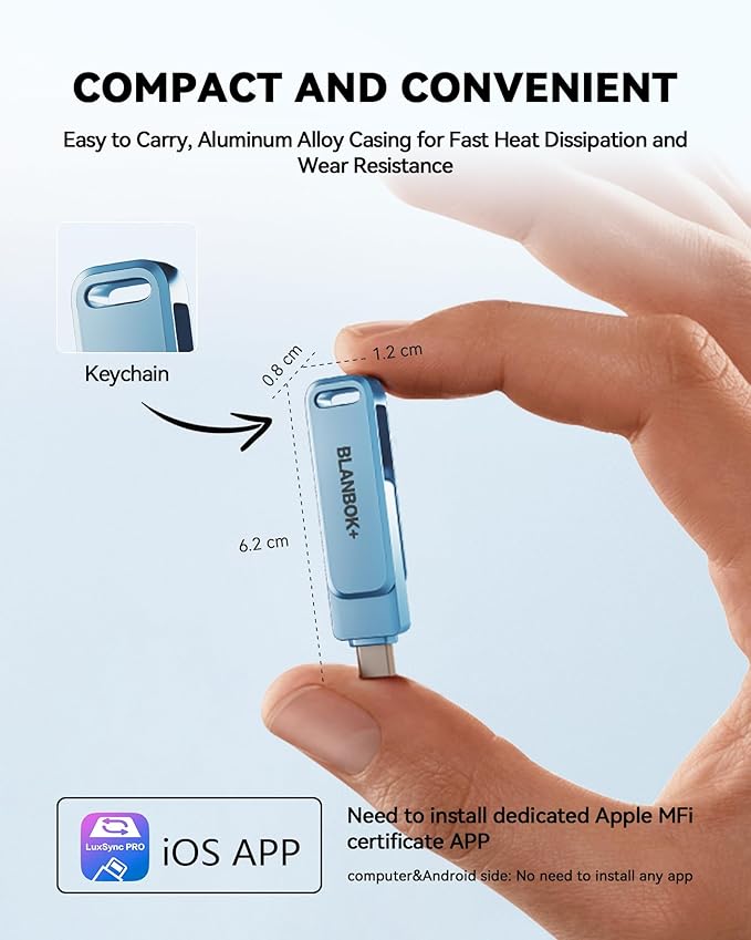 MFi Certified 512GB iPhone Photo Stick, USB Flash Drive for Photo/Video Backup, High-Speed Thumb Drive Compatible for iPhone/iPad/Android/PC (Blue)