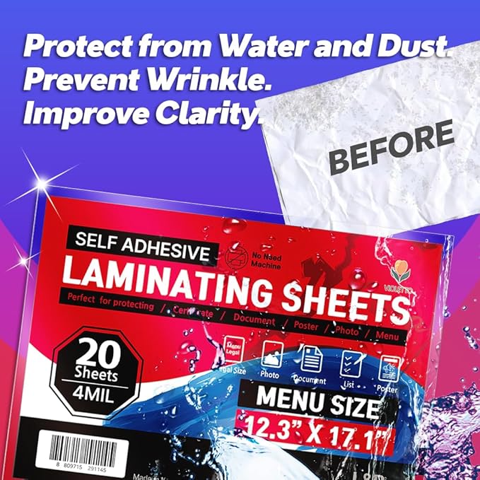 VIOLETTO Self Adhesive Laminating Sheets 12.3x17.1 inch, 20 Pack, 4mil Thickness, No-Machine Needed, QuickPeel, Instashield, Stick&GO (20 Sheets, Menu Size 4mil)