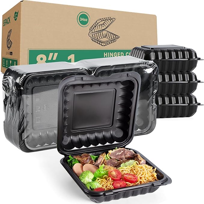 LEOBOX To Go Containers Mineral Filled PP Plastic - 8 Inch 34oz 55 Pack | Shrink Wrap BPA Free Takeout Boxes | Freezer & Microwave Safe for Food Delivery | Salad Breakfast Black Disposable Container