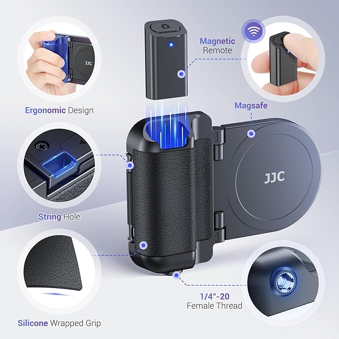 JJC Magnetic Phone Camera Grip Handle with Wireless Shutter Remote, Magsafe Camera Handle Bluetooth Bracket for iPhone Android Smartphone with 1/4” Tripod Screw for Video Photo Shooting (Black)