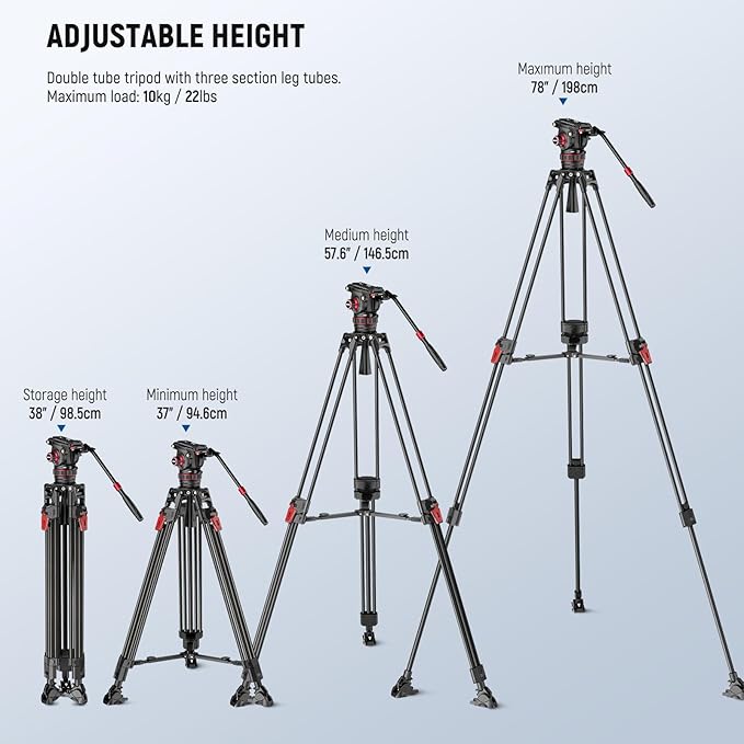 NEEWER 78" Video Camera Tripod Carbon Fiber with Damping Adjustable Fluid Head, One Step Quick Release with QR Plate & Handle, Heavy Duty Tripod Stand for DSLR Cameras Camcorders, Max Load 22lb, LL37