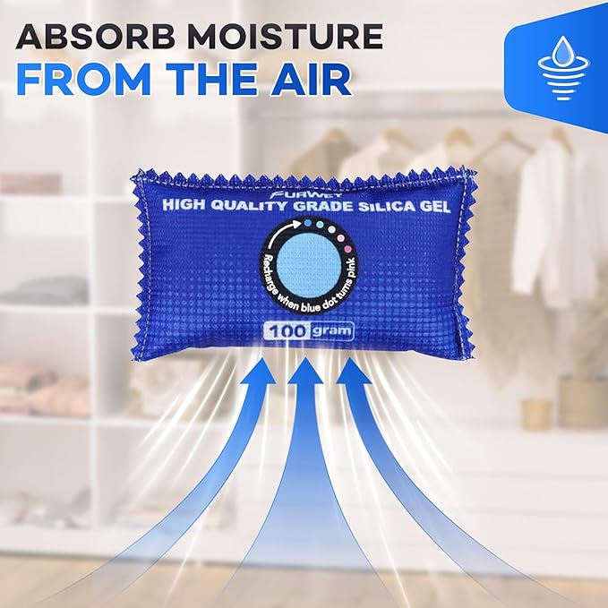 2 Pack Rechargeable Desiccant Packs, 100g Each, Blue, Color Indicating Silica Gel Dehumidifier Bags for Storage, Closets, Cars, Bins