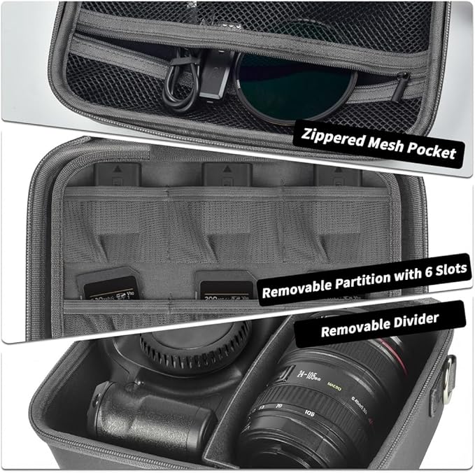 Comecase Hard Camera Case for Canon EOS Rebel T7 R50 R100 R10 R5 R6 R8 Mark II, DSLR Mirrorless Camera Bag with 6 Slots &Adjustable Divider for Lens and Accessories, Travel Storage, Grey