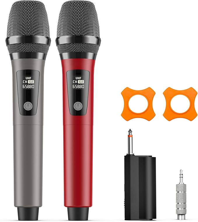 Wireless Microphones, Professional Dual Karaoke Microphones, Wireless Dynamic Microphone System Set with Rechargeable Receiver for Home Party, Speech, Wedding, Church, PA System