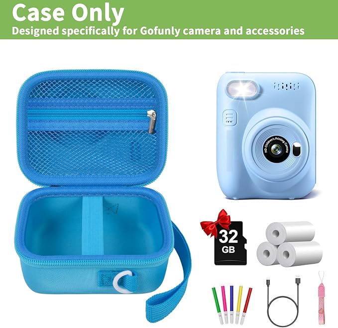 Instant Print Camera Case Compatible with Gofunly Camera, Digital Camera Bag for Esoxoffore/for LETSHAHA/for JPVERLY/for Hangrui, Storage for Printer Paper and 32GB SD Card- Blue (Box Only)