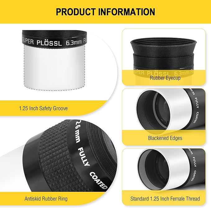 Astromania Telescope Eyepiece Set 1.25 Inch Super Plossl Eyepiece Set 6.3mm 15mm 26mm, 5 Element Fully Multi Coated Metal 52 Degree Apparent Field, Telescope Accessory Set for Astronomy Telescope