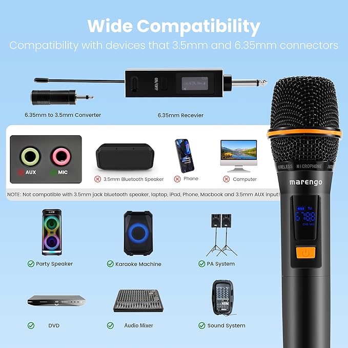 Wireless Microphones, Professional UHF Dual Metal Karaoke Microphone Wireless with Rechargeable Receiver(260 FT), Plug and Play, Handheld Wireless Microphones System for Speaker Speech Wedding Church