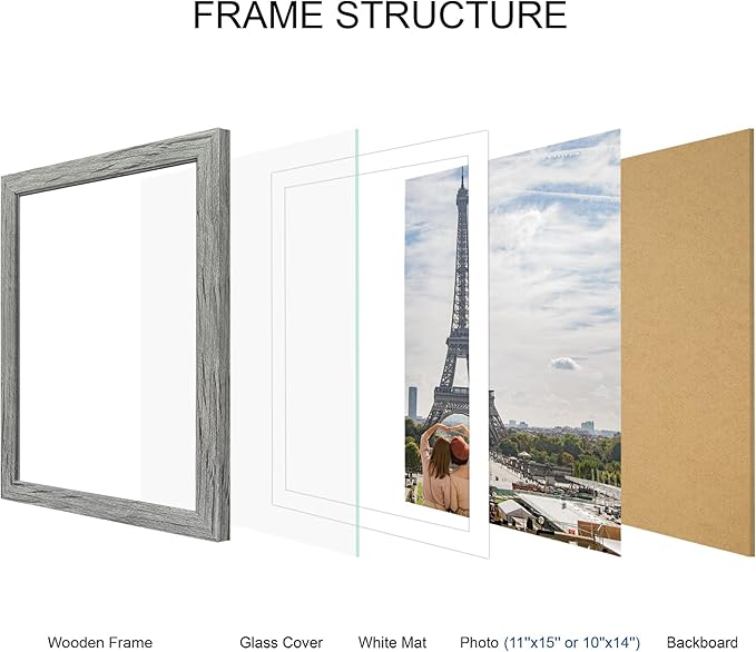 11x15 Picture Frame Set of 4, Made of Real Glass and Grey Frame - Display Picture 10x14 with Mat or 11x15 Without Mat, 11 by 15 Photo for Wall Mounting