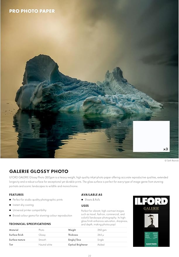 ILFORD Galerie 11x17” (25 Sheets) Glossy Photo with high-Gloss Smooth Surface, Instant Dry Archival Photo Inkjet Paper 10mil / 260gsm for Dye and Pigment Ink Printers, Made in Germany