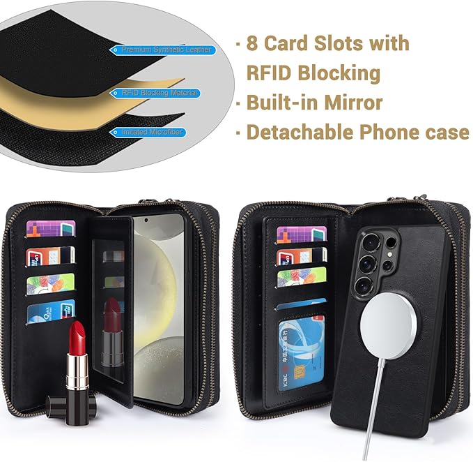 Harryshell Compatible with Samsung Galaxy S26 Ultra Case Wallet Multi Zipper Detachable Removable Cover Purse with Card Slots Holder Mirror Crossbody Strap (Compatible with Magsafe - Black)