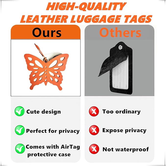 Cute Leather Luggage Tag Holder Case Compatible with AirTag,Hidden Compartment for Travel Suitcase Tracking Case with Stainless Steel Loop,Name ID Label(Butterfly C)