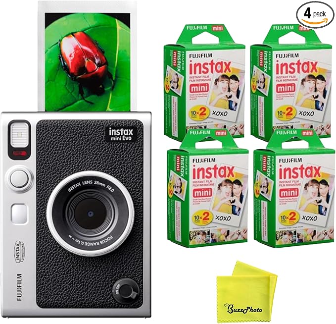 Fujifilm Instax Mini EVO Instant Camera (Black) w/BuzzPhoto Microfiber Cleaning Cloth and 4 Twin Packs Mini Instant Film