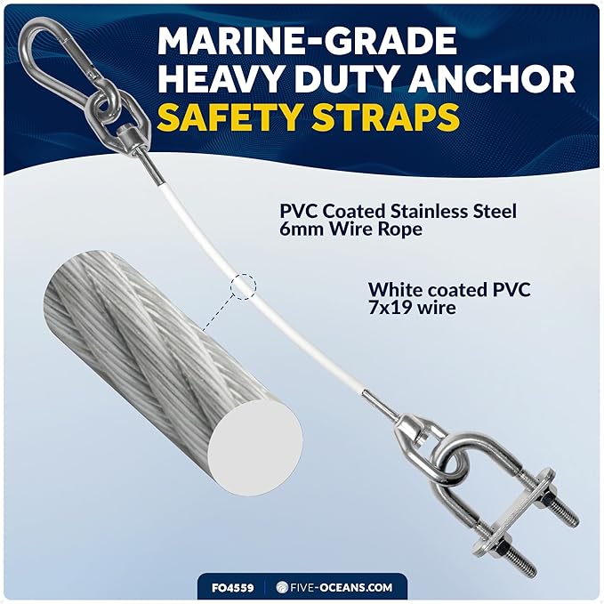 Five Oceans 12-Inch Anchor Safety Straps, Heavy Duty 7x19 PVC Coated Stainless Steel 6mm Wire Rope, Includes 5/16-Inch Carabiner Snap Hook and 3/8-Inch U-Bolt - FO4559