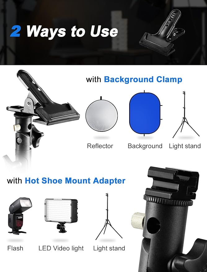 Selens Photography Reflector Clamp Holder Speedlite Hot Shoe Bracket with 1/4" & 3/8" Screw Mount with Photo Studio Light Stand, Lighting Umbrella Reflector
