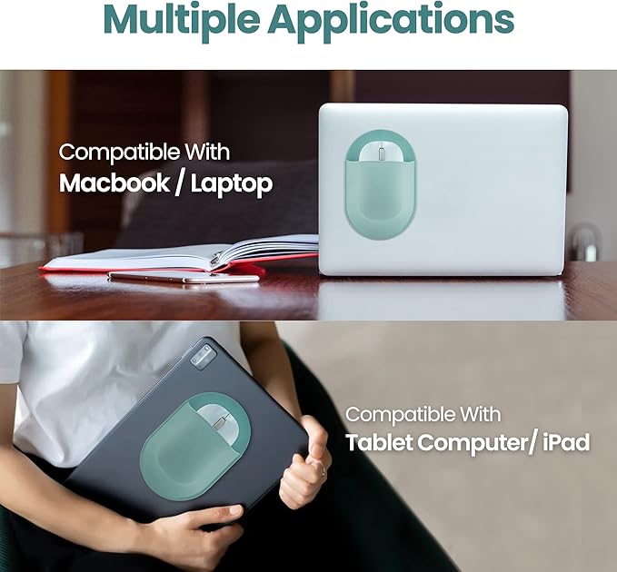 Epessa Universal Stick-On Mouse Pouch, Holder for Wireless Mouse, Sleeve for Laptop, Reusable Adhesive, No Glue Residue, Compatible with iPad or MacBook (Green)
