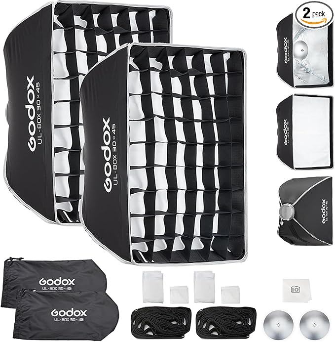 Godox 2pc Quick Release Softbox,UL 12"x18"/30x45cm Bowens Mount Square Soft Box with Grid,Diffuser,Carry Bag for Studio Strobe Flash Continuous Light,Outdoor Photography Video Recording,Live Streaming