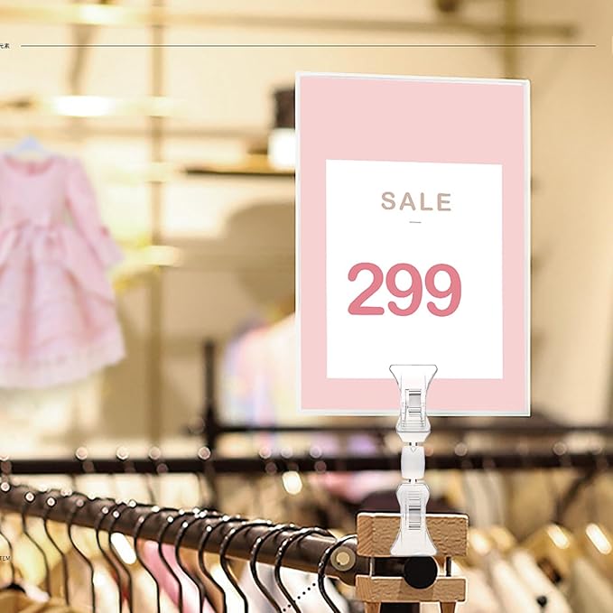 100 Pieces Double Sided Sign Clip, Clear Retail Merchandising Signs Display Tags, Plastic Sign Holder Rotatable Pop Clip-on Promotion Clips Stand for Label, Basket, Business Cards