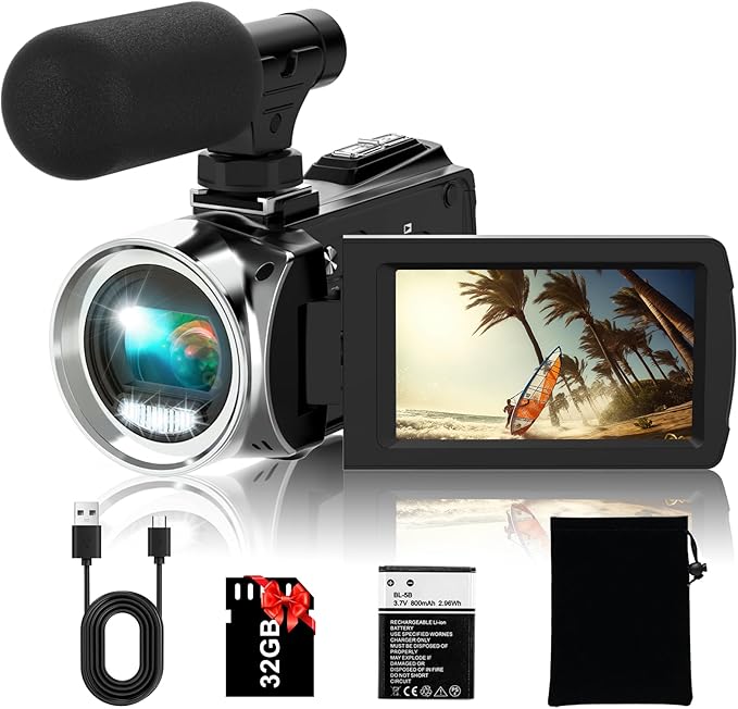 Rawiemy Video Camera Camcorder FHD 4K 36MP Vlogging Camera for YouTube Video Recorder 3.0" 270 Degree Rotation Screen Video Cameras for Filming with Microphone,32GB SD Card (Black)