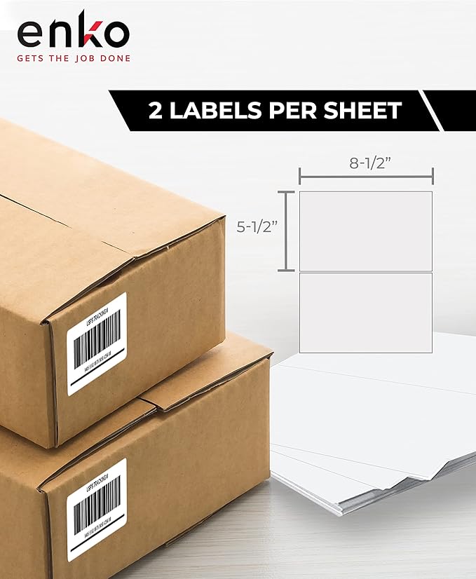 enKo - 5-1/2 x 8-1/2 Inch Label - White Blank - 2 Per Sheet Half Shipping Labels for Laser Inkjet Printer (1000 Sheets, 2000 Labels)