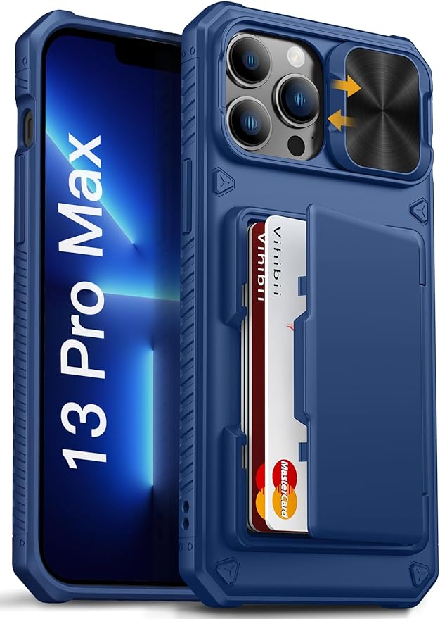 Vihibii for iPhone 13 Pro Max/iPhone 12 Pro Max Wallet Case with Card Holder (4 Cards), [RFID Blocking] & Slide Lens Camera Cover & Raised Edges Protect Screen, Shockproof Rugged Phone Case, Blue