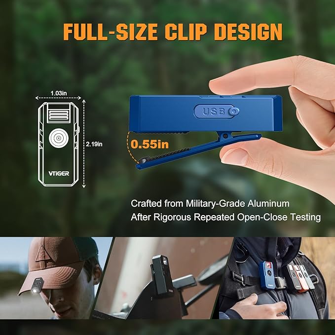 VTIGER C1 Rechargeable EDC Flashlight Clip-on Light, 1300 Lumens Powerful Portable Mini Swivel Clip Light,Multi-Mode,IPX6 Waterproof, Magnetic Small Pocket Lights for Cycling,Working,Emergency,Signal