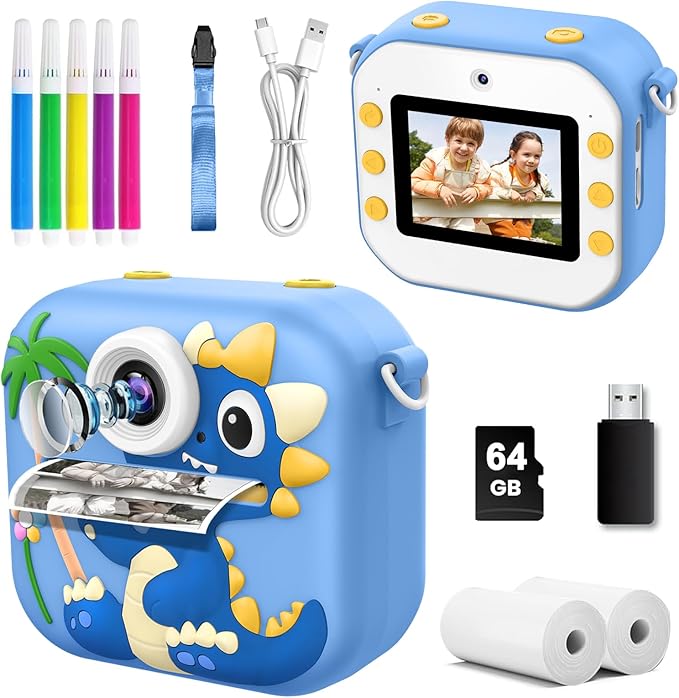 64GB Kids Camera Instant Print, 48MP New Year Birthday Gifts Instant Print Camera for Kids with Print Paper, 1080P Dual-Lens Selfie Instant Cameras Video for Girls Age 3 4 5 6 7 8 9 10 11 Toddler Toy