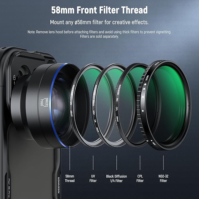 NEEWER HD 65mm Telephoto Phone Camera Lens with Lens Hood for 17mm Thread Lens Backplate Cell Phone Cage Case, 1.7X Zoom Lens Attachment Compatible with iPhone 17 16 15 S25 S24 Ultra Android, LS-66