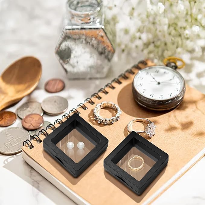 30PACK 3D Floating Frame Display Holder Stands PE Film Jewelry Storage Box Transparent Displays Cases for Medallion Challenge Coin Fossils Rocks,1.99 x 1.99 x 0.8 Inch