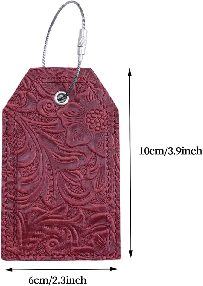 Genuine Leather Set of 2 Luggage Tag with Full Back Privacy Name ID Card Stainless Steel Loop Suitcase Labels Identifiers Baggage Tags Luggage for Women Men Travel (Wine Red Flower)