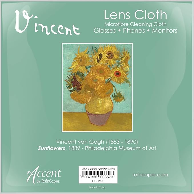 Quality Microfiber Lens Cleaning Cloth - 6”x6” - for Eyeglasses, Sunglasses, Phones, Screens, Blue-Light Glasses, Monitors - Fine Art Design - Van Gogh Sunflowers