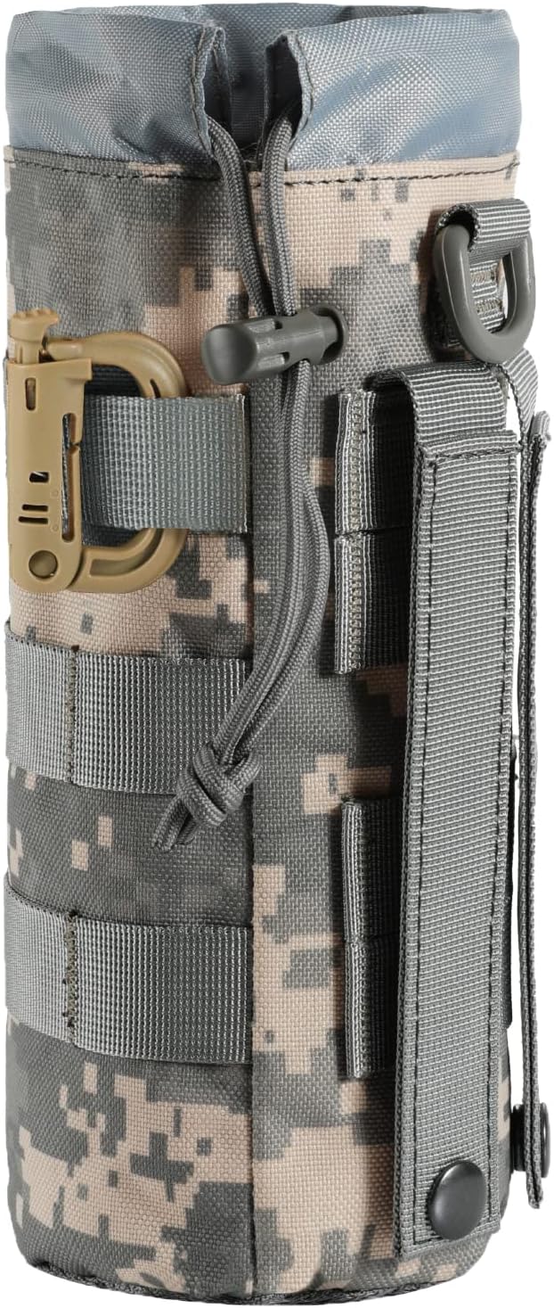 Tactical MOLLE Water Bottle Pouch with Drawstring Open Top & Mesh Bottom, Military Water Bottle Holder Bag Sports Travel Hydration Carrier