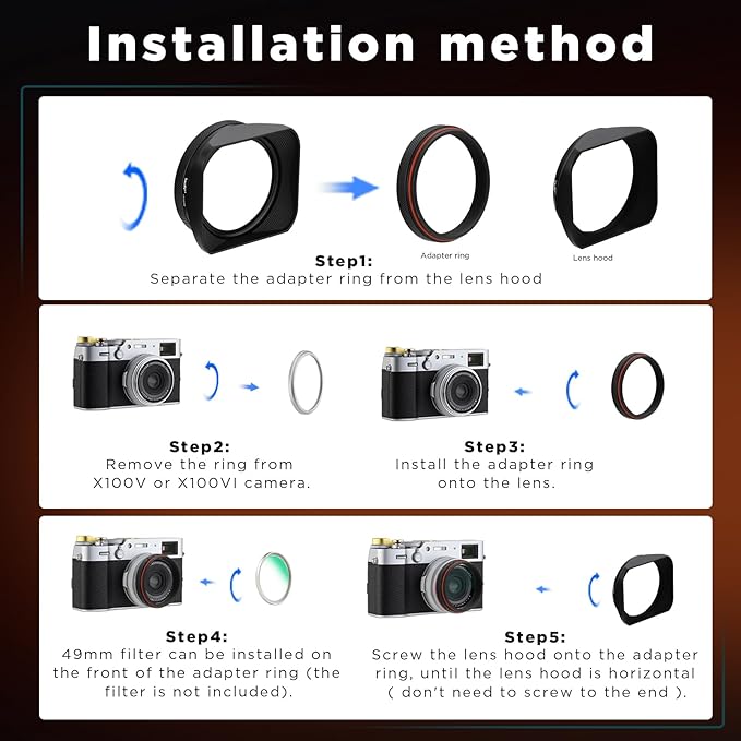 Haoge LH-X200B Square Metal Lens Hood with 49mm Adapter Ring Metal Cap for Fujifilm X100VI x-100vi x100v x100f x100t x100s Fuji Photo Camera Accessories Black