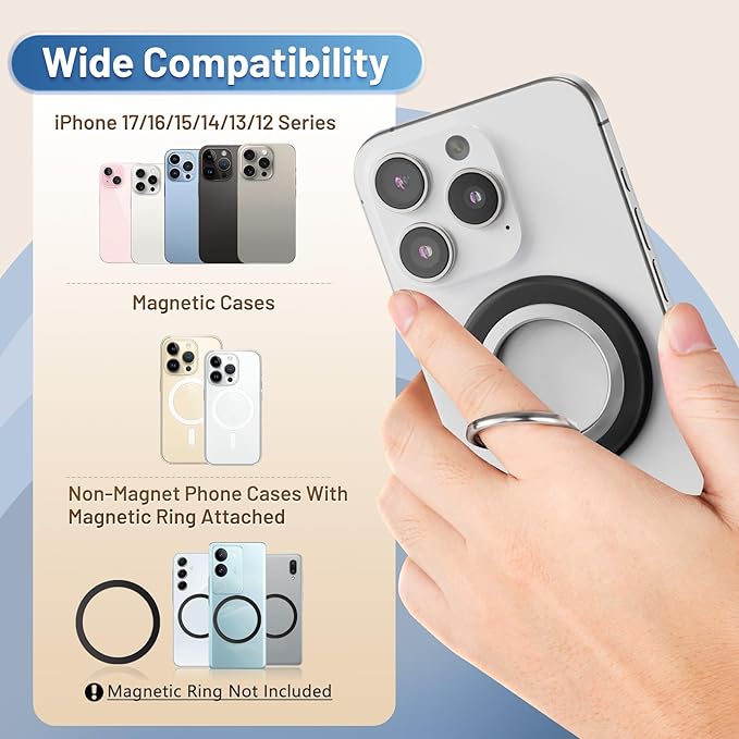Phone Ring Holder, Dual Sided Magnetic Phone Grip Magnet Cell Phone Finger Holder for Hand Removable Slim Handle Grip Kickstand Compatible for MagSafe iPhone 17/16/15/14/13/12 Series, Black