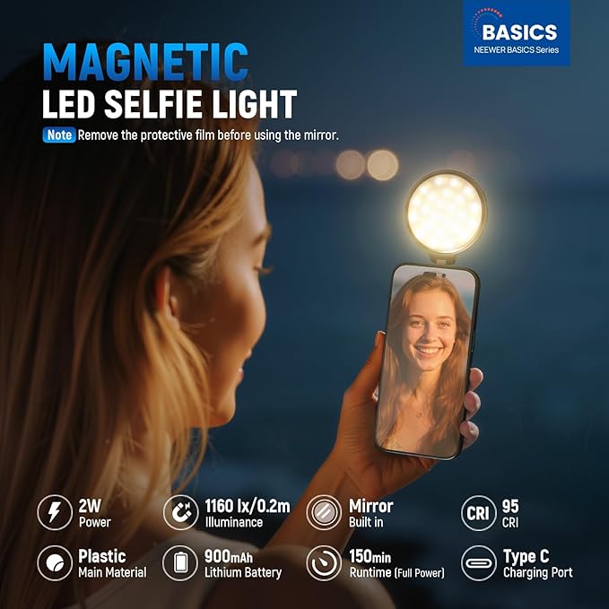 NEEWER Basics Magnetic LED Selfie Light Compatible with MagSafe iPhone, Desk Stand Phone Holder with Makeup Mirror 1160lx/0.2m 900mAh CRI95 Fill Lighting for Video Recording Streaming, Black NL48R