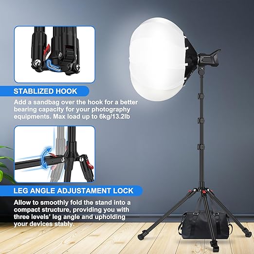 Anautin Extendable Light Stand Photography, 6.6ft/2m Light Tripod Stand for Travel, 13lb/6kg Heavy Duty Studio Lighting Stand for Continue Output Lighting, Flash, Strobe, Webcams, Camera, Softbox