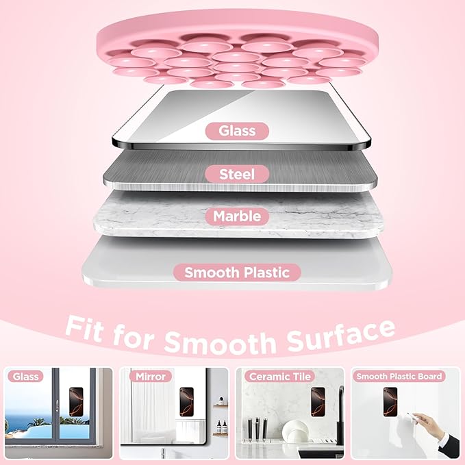 Magnetic Suction Cup Phone Mount with MagSafe, Silicone Hands-Free Grip Holder for iPhone Case and Android, Mirror Shower Phone Stand for Makeup FaceTime Gym Kitchen Bathroom, Pink
