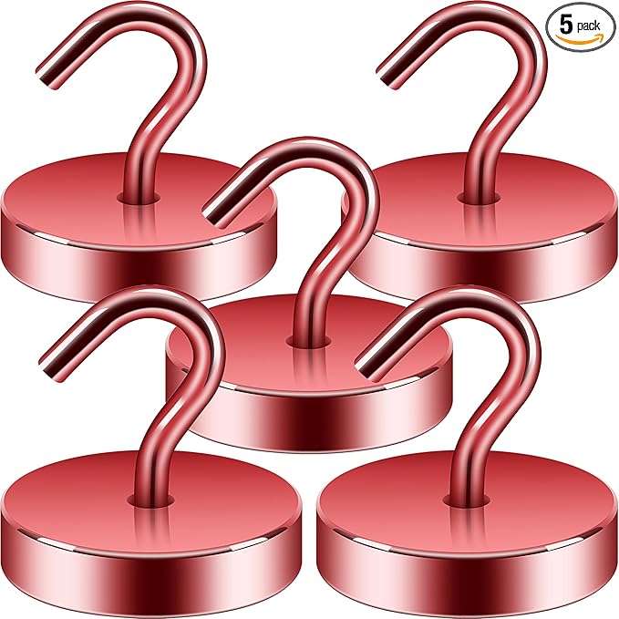 Neosmuk Magnetic Hooks, Cruise Ship Essentials, 100lb+ Heavy Duty Magnetic Hooks for Cruise Cabins, Refrigerator, Grill, Hanging, and Travel | Extra Strong Must-Haves Magnet Hook,Red, 5 Pack