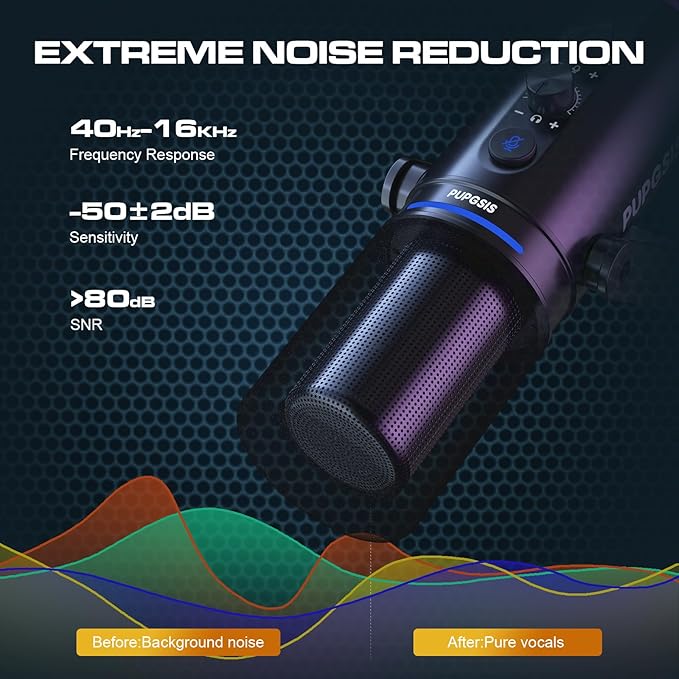 XLR/USB Podcast Microphone, Gaming Mic with Mute Button, Reverb Effects, Noise Cancellation, Boom Arm Stand, Headphones Jack, Dynamic Microphone for Streaming/Recording/Gaming/Vocal-Black