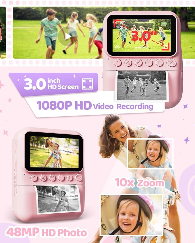 TIATUA Kids Camera Instant Print for Girls Ages 3-14, 3-inch HD Screen Camera for Kids with Printing Paper, 1080P Digital Toddler Toys for 4 5 6 7 8 9 10 11 12 Years Old (Pink)
