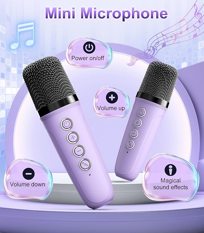 TiMOVO Mini Karaoke Machine, Portable Bluetooth Speaker with 2 Wireless Microphones and LED Lights, Birthday Gifts for Family Home Party, Purple
