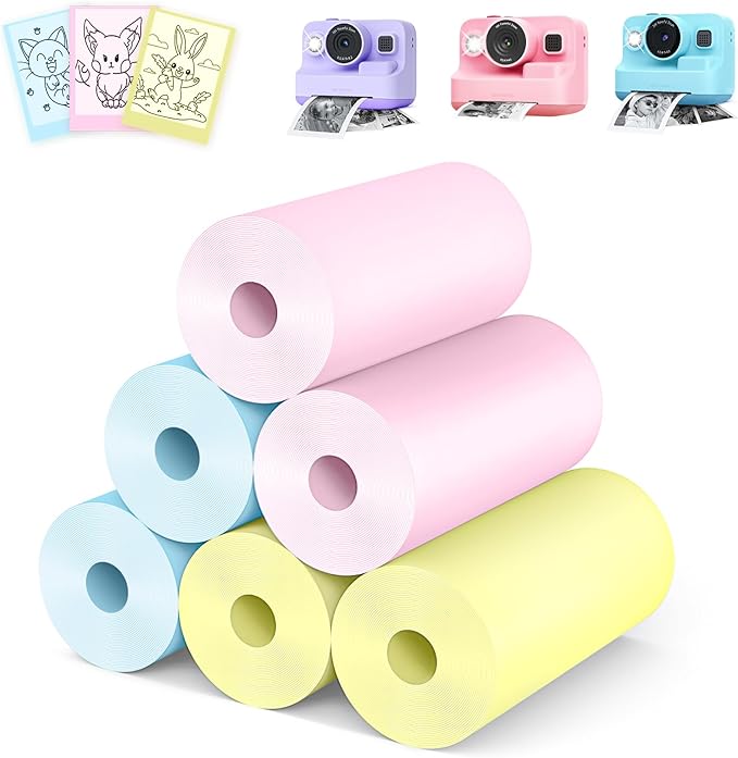 Leebotree Kids Camera Instant Photo Printing Paper Roll, 6 Rolls Thermal Print Refill Fit for Most Kids Instant Camera Includes ESOXOFFORE/Dylanto/DUDUDRAGON/Cimizi (2pink-2yellow-2blue)