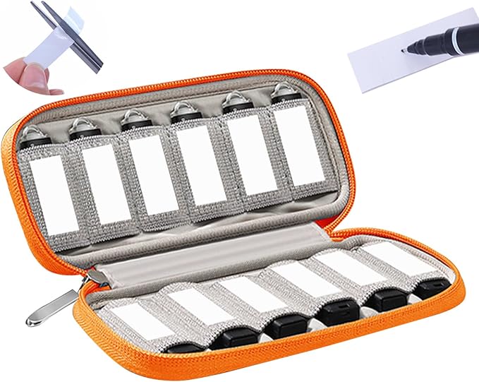 VNEIRY 12-Slot USB Drive Organizer w/Velcro Labels & Quick-Dry Marker - Peel & Stick Anywhere! Secure Case for Thumb/Jump Drives | Fits Most USB Sticks | 12-Capacity | Orange
