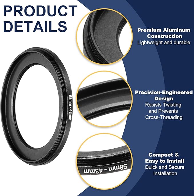 PATIKIL Step Down Ring Adapter 58mm to 43mm, 2 Pcs Filter Step-Down Rings Camera Lens Filters Metal Ring Digital for ND IR DSLR Lenses, Black