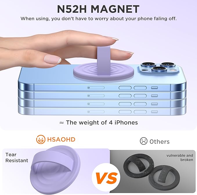 Upgraded Magnetic Phone Grip, Liquid Silicone Soft and Portable, Removable Finger Loop Ring Grip Holder for iPhone, Strong Magnetic Attraction, Compatible with MagSafe Phone Case, Lilac Purple