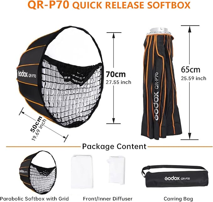 Godox Parabolic Softbox Quick Release,QR-P70 27.5”/70cm Portable Bowens Mount Sof tbox with Honeycomb Grid,Carry Bag,Front/Inner Diffuser for Professional Photography Studio Portrait Video Shooting