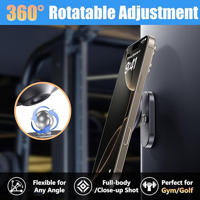 Magnetic Phone Holder for Gym & Golf, 360° Adjustable Ball Joint Strong Magnet Base Mount, Dual Magnetic Phone Mount for MagSafe iPhone 12-17 Series