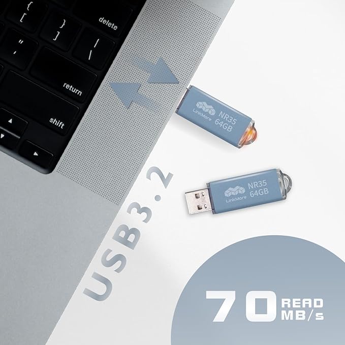 LinkMore 64GB (5 Pack) NR35 USB Flash Drive – USB 3.2 Memory Stick with Cap and Keychain Loop, Up to 70MB/s Read, 10MB/s Write – Plug & Play USB Drive for PC, Mac, TV, Car