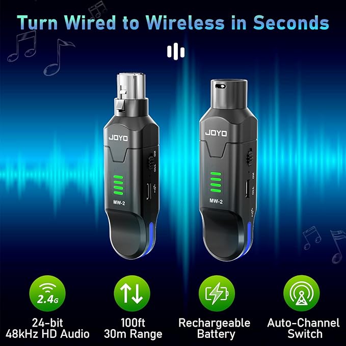 JOYO 2.4GHz Wireless Microphone System 4-Channel XLR Transmitter & Receiver Dynamic/Phantom-Powered Condenser Mics Adapter for PA Systems, Live Sound, Audio Mixer, Church, Studio (MW-2)
